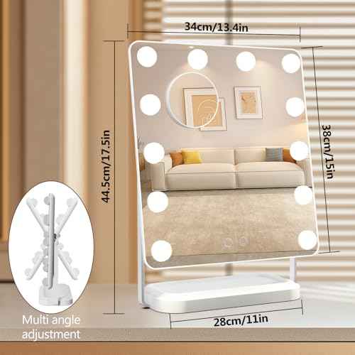 BanBers Hollywood Vanity Mirror with Lights, 13" x 15", 12 LED Bulbs, Touch Control, 3 Colors Light, 360 Degree Rotation, Tabletop