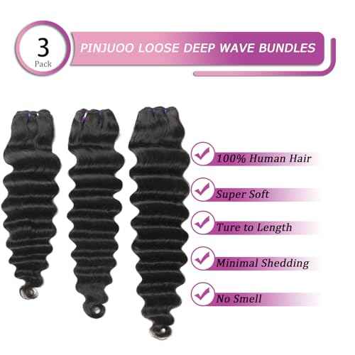 Loose Deep Wave Bundles Loose Wave Bundles Human Hair 22 24 26 Inch 100% Unprocessed Brazilian Virgin Hair 3 Bundles Weave Curly Human Hair Extensions Natural Black Color for Women