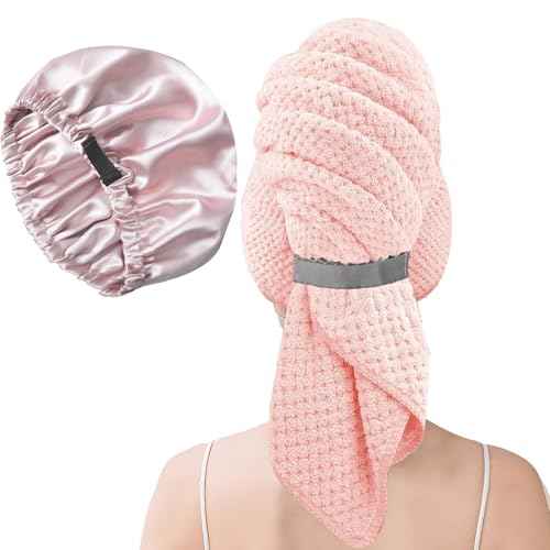 Large Microfiber Hair Towel Wrap & Satin Bonnet Set for Women, Ultra Absorbent Turban 24x42 Inches & Adjustable Night Cap for Curly Hair, Prevents Frizz & Breakage, Stocking Stuffers