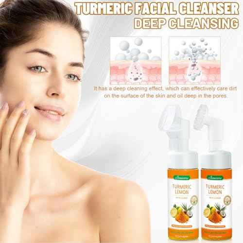 2 Pack Turmeric Lemon Face Wash with Brush, Vitamin C Foaming Facial Cleanser, Turmeric Soap Lemon Soap Deep Clean with Coconut Oil, Foaming Facial Cleanser for All Skin, 150g/5.07 FL Oz x2