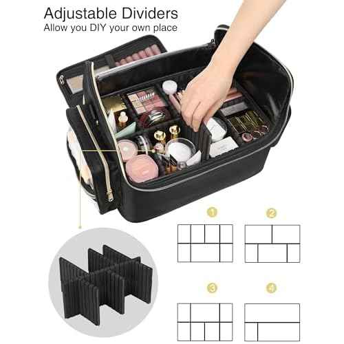 Extra Large Makeup Bag Makeup Artist Bag Professional Cosmetic Bag Travel Organizer Train Case with 4 Small Packet and Adjustable Dividers(Black, Extra Large)