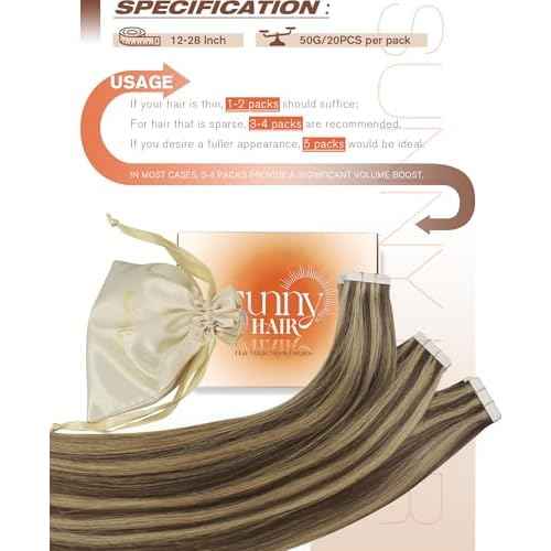 Sunny Hair Tape in Hair Extensions Real Human Hair Invisible Remy Hair Extensions Tape ins for Women Dark Brown Highlight Caramel Blonde 24 inch 20Pcs 50G