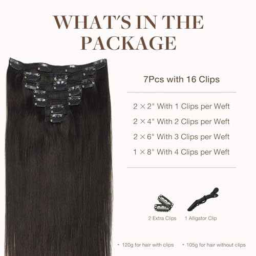 GOO GOO Clip in Hair Extensions Real Human Hair, Remy Human Hair Extensions Clip ins for Women, Natural Human Hair, 18inch 120g 7Pcs, 2 Dark Brown