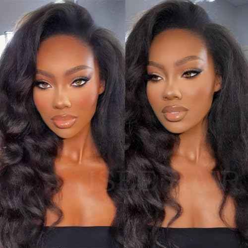 ISEE 3 In 1 Half Wig Kinky Straight Glueless Wigs Human Hair Comfortable Fit No Glue Needed Wear & Go Seamless Clip In Wigs 16 Inch