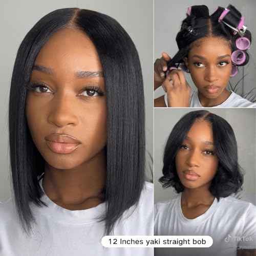 Julia Hair 12 Inch Light Yaki Straight Bob Wig 100% Human Hair Glueless Bye Bye Knots 7x5 Hd Lace Pre Cut Plucked Short Wig Natural Color Straight Bleached Knots Side Part Black Wigs