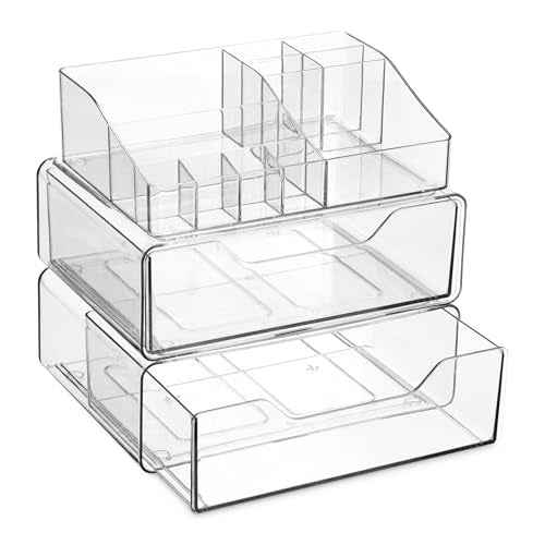 Clear Makeup Organizer - Acrylic Cosmetic Vanity Storage Organizers for Girls Dresser, Bathroom, Desk Counter - Plastic Make Up Holder, Jewelry Box (2-Drawer | Multi Compartments)