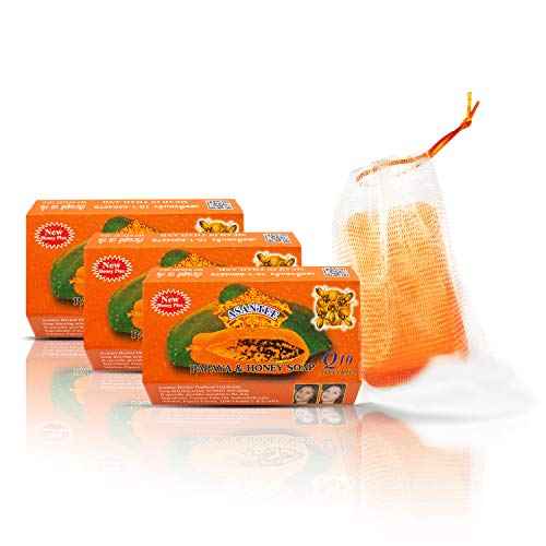 ASANTEE PAPAYA & HONEY Soap Bars with Vitamin C,E and Q10 Skin Cleansing 4.40 Oz (Pack of 4)