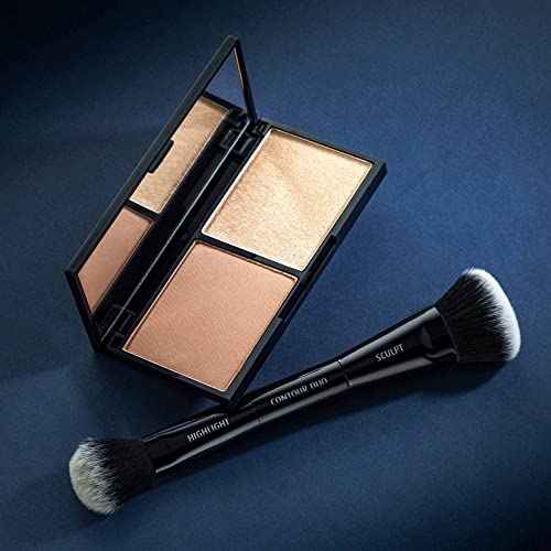 Lune+Aster Contour Duo Brush | Dual-Ended Contour Makeup Brush To Sculpt And Highlight. Made with Alumium Handle, Vegan Bristles.