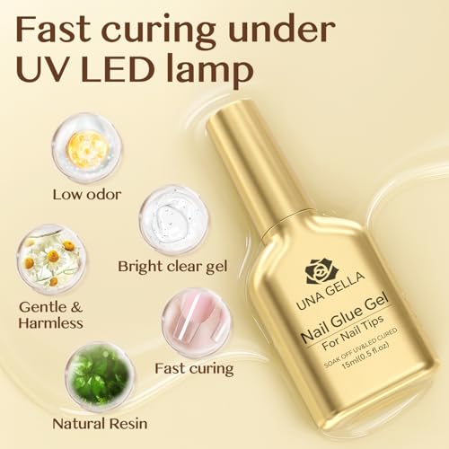 UNA GELLA 6 in 1 Gel Nail Glue for Clear Acrylic Nails Tips, 2Pcs 15ml Super Strong Brush UV Nail Glue Long Lasting Lamp Curing Required for Fake Nails Tips, Christmas Nail Art