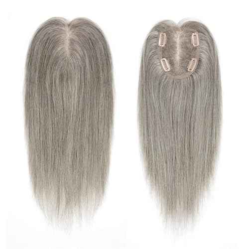 Hair Toppers for Women Real Human Hair, Light Grey 14 Inch 360¡Æ Cover Middle Part Topper for Women with Thinning Hair Realistic Scalp Line 4x4.8 Inch Upgrade Basement HairPieces