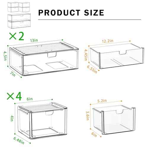 Acrylic Storage Drawers Set of 6, Clear Makeup Organizer, Plastic Organizer Bins for Beauty Supplies,Ideal for Vanity, Bathroom,Cabinet,Pantry Organization