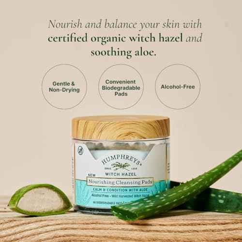 Humphreys Witch Hazel Nourishing Cleansing Pads | Wild Harvested Witch Hazel & Aloe | Hydrating, Natural Alcohol-Free Formula | 60 Rounds