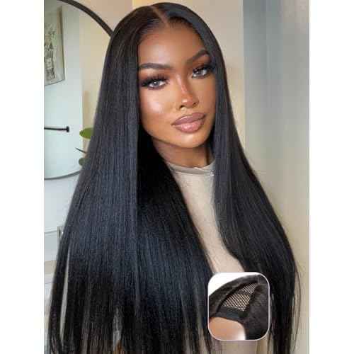 YIROO V Part Wig Yaki Straight Human Hair Wigs for Black Women Upgrade Upart Wig No Leave Out 12A Glueless Kinky Straight 20 Inch