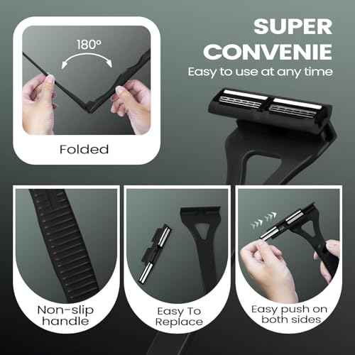 Back Shavers for Men with Foldable Long Ergonomic Handle: DIY Hair Shaver, Replaceable Safety Blade & Portable Razor Groomer for Men, Wet & Dry Shaving,Black (8PCS Blades Included)