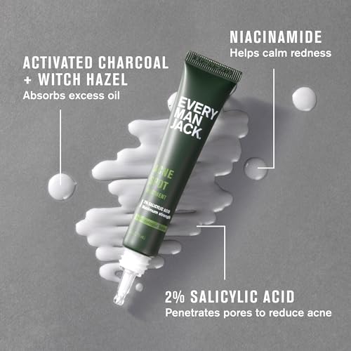 Every Man Jack Acne Spot Treatment - Maximum Strength, Fast Absorbing Skin Clearing Serum - 2% Salicylic Acid, Activated Charcoal, Niacinamide - Target Acne & Blemishes, Reduce Redness - 0.5oz 1 Pack