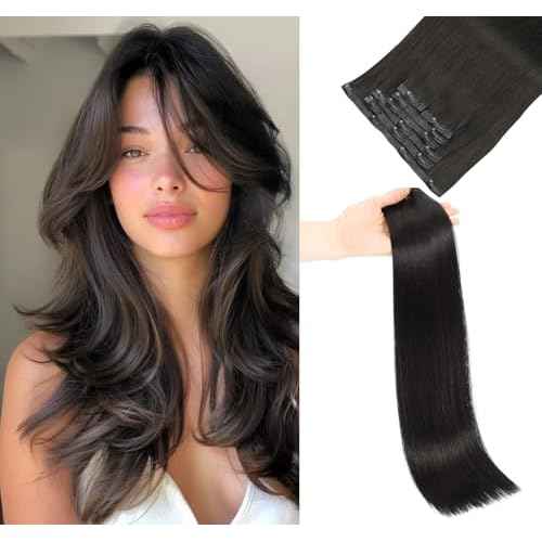 LOVELINE Seamless Clip in Hair Extensions Real Human Hair, Luxury Remy Human Hair Extensions Clip ins for Women, 24 Inch 110g 7Pcs, Off Black