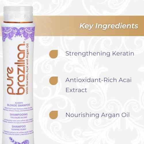 Pure Brazilian Always Blonde Shampoo with Keratin, Acai & Argan Oil, Purple Shampoo for Color-Treated Hair, Sulfate-Free, 13.5 Fl Oz