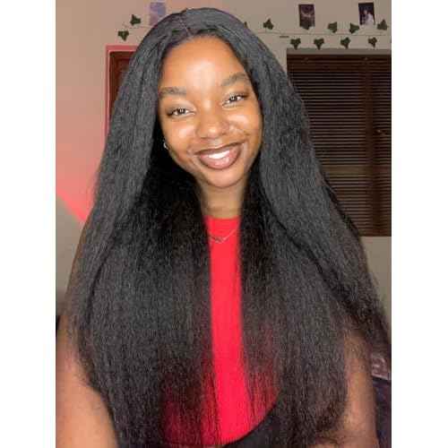 ORIGINAL QUEEN Kinky Straight Wig Wear and Go Glueless Wig Human Hair Pre Cut Pre Plucked 5X7 Large Lace Front Wigs Human Hair for Women 3D Dome Cap Beginner Friendly 16Inches