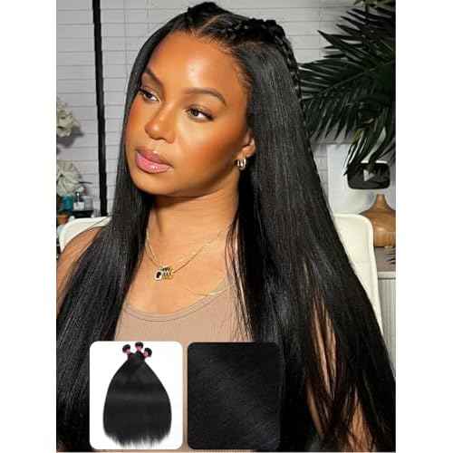 KLAIYI Yaki Straight Bundles Human Hair Weaves Unprocessed Real Virgin Hair Sew In Extensions 3 Bundles 10 12 14Inch, 12A Kinky Straight Double Wefts for Women Cllip In Light Yaki Natural Black Color