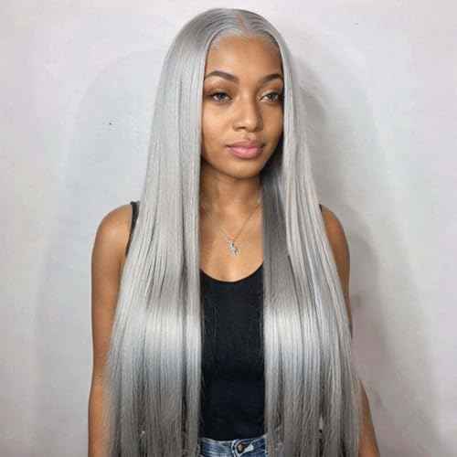 Grey Lace Front Wigs Human Hair Silver 13x4 Straight HD Transparent Lace Frontal Human Hair Wig for Woman Natural Gray Color Glueless Brazilian Virgin Human Hair Wig Pre Plucked Bleached Knot 24 Inch
