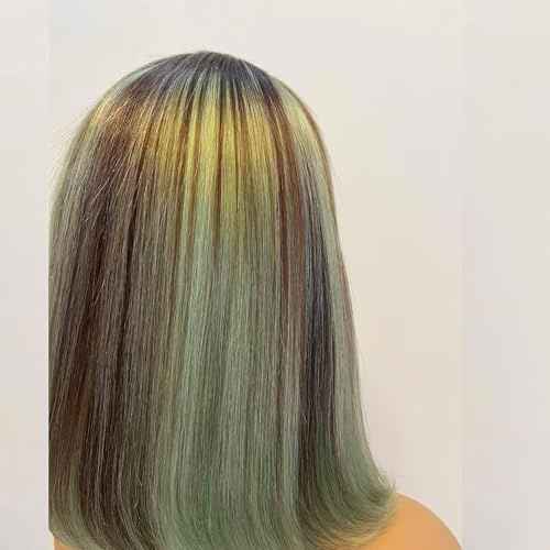 Human Hair Straight Bob #4 Mixed Ombre Bluish Green Colored 13X4 HD Transparent Lace Front Wig with Baby Hair 100% Virgin Glueless Brazilian Hair 150% Density for Black Women 12 Inch