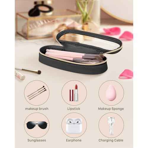 Clear Travel Makeup Brush Holder, Leather Makeup Brush Toiletry Bag, Portable Cosmetic Brush Case, Transparent Waterproof Makeup Brush Storage Bag, Black, Large