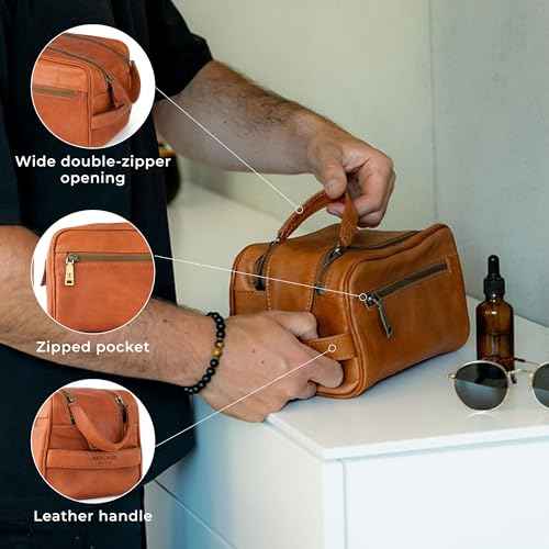 BERLINER BAGS Vintage Genuine Leather Toiletry Bag Tim M, Large Capacity Cosmetics Bag for Men and Women for Travel - Brown