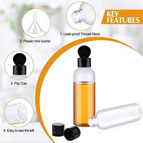 50 Piece 3.4 oz Travel Bottles with Flip Cap Plastic Empty Bottles Refillable Flip Cover Dispensing Squeeze containers with 2 Funnels Portable Refillable Containers for Travel Liquid(Clear, Black)