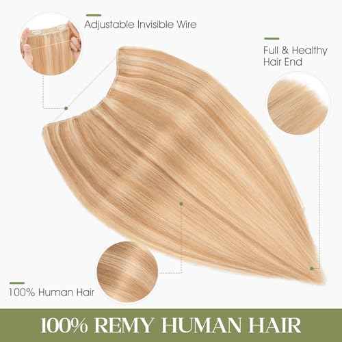 Halo Hair Extensions Real Human Hair Invisible Wire Extensions with Transparent Fish Line Adjustable Size Golden Brown & Bleach Blonde 22 inch