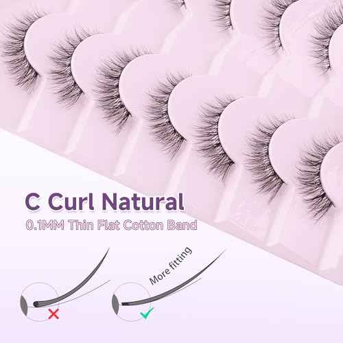 Natural Cat Eye Lashes False Eyelashes Natural 12mm Wispy Eyelashes with Thin Band 3D Volume False Lashes Soft Eye Lashes Pack C Curl Natural Eyelashes Fake Lashes 7 Pair EVENTILL