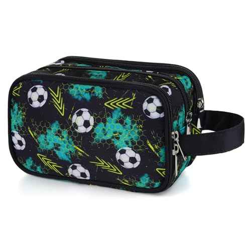 Kids Toiletry Bag for Boys, Travel Toiletry Bag for Little Young Boys Waterproof Hanging Wash Bag Toddler Traveling Toiletries, Soccer Balls Black