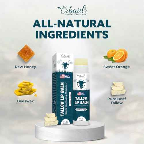 Beef Tallow Lip Balm ? Natural Tallow Beeswax Chapstick ? Hydrating Moisturizer Grass Fed Tallow Balm Lip Care ? Soothes Chapped, Dry Lips, Sensitive Skin ? Long Lasting Vitamin Rich USA-Made Orange
