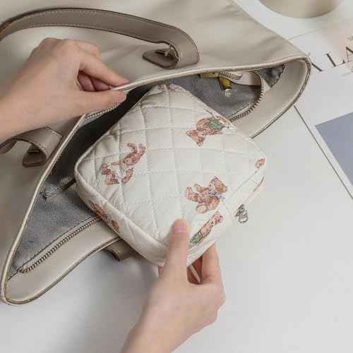 Small Quilted Cotton Makeup Bag for Purse, Cosmetic Bag with Compartments, Cotton Aesthetic Makeup Bag, Travel Toiletry Pouch, Key Pocket Lipstick Bag Card Holder Data Cable Organizer£¨01White Bear£©