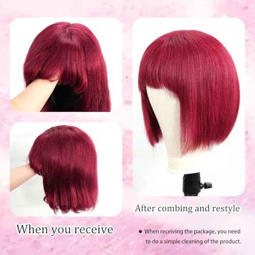 Bob Wig with Bangs Human Hair 200 Density Short Glueless Wigs Ready to Go Straight Bob Bangs Wig for Women Burgundy 14 Inches