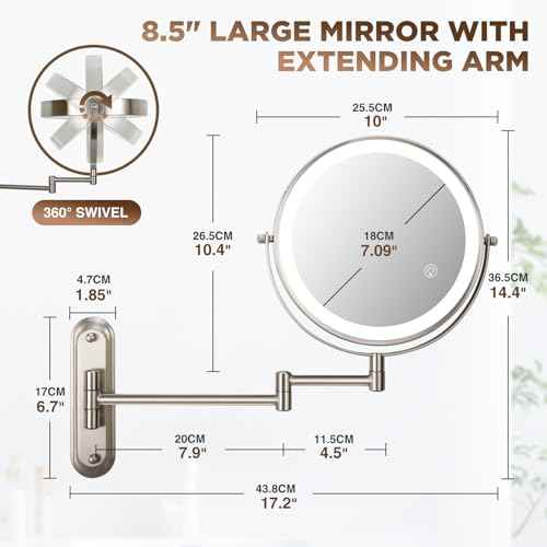 30X Wall Mounted Makeup Mirror with Lights,3 Color Modes Dimmable & Adjustable Double Side, Bathroom Vanity Makeup Mirror with 360 Rotation Extendable Swivel Arm,Magnifying Mirror - Brushed Nickel