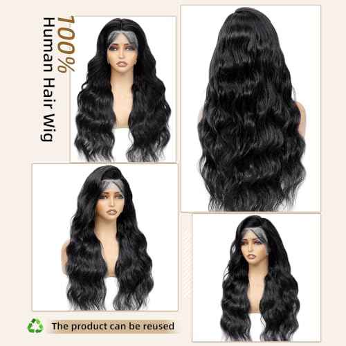 13x6 Body Wave Lace Front Wigs Human Hair Pre Plucked Real Human Hair Wigs 200 Density HD Transparent Lace Frontal Wigs Natural Black Glueless Wig 24 Inch
