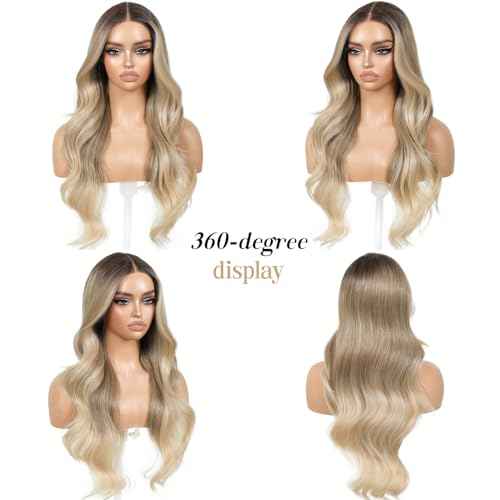 Ombre Blonde Wear and Go Glueless Wig with Bangs Pre Plucked Body Wave Synthetic Lace Front Wigs for Women 13x5x1 Pre Cut Lace Dirty Blonde Wig Middle Part 26 Inch