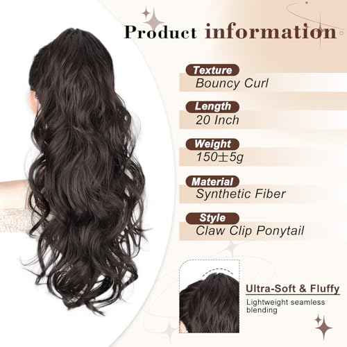 AISI BEAUTY Dark Brown Ponytail Extension, 20 inch Long Wavy Curly Claw Clip Ponytail Hair Extensions, Natural Synthetic Hairpiece for Women Daily Wear