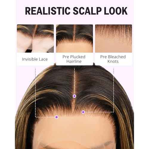 Highlight Ombre 13x4 HD Lace Frontal Wig Human Hair Pre Plucked Pre Cut Lace 210% Density Balayage Straight Short Bob Wigs for Women 12 Inch