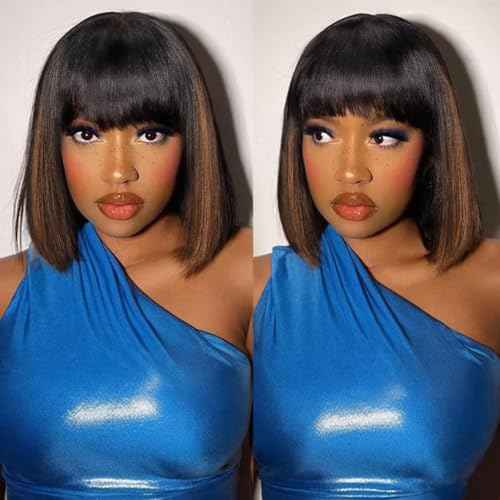 Bob Wig with Bangs Human Hair Glueless HD Lace Straight Short Bob Wig with Brown Highlights, Ready to Go Short Wigs For Women £¨12 Inch bob wig£©