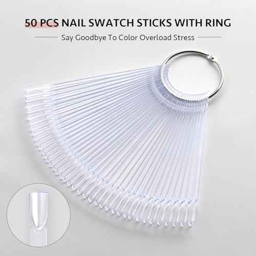GAOY Nail Swatch Sticks with Ring, 50 Pcs False Nail Sample Swatches with Numbers Stickers, Fan-shaped Practice Color Display for Home or Salon Use