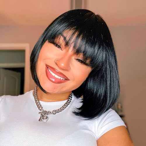 Straight Short Bob Natural Black HD Lace Front Wigs with Baby Hair 13X4 Glueless Human Hair Bangs Pre Plucked with Bleached Knots 180 Density for Black Woman 10 Inch