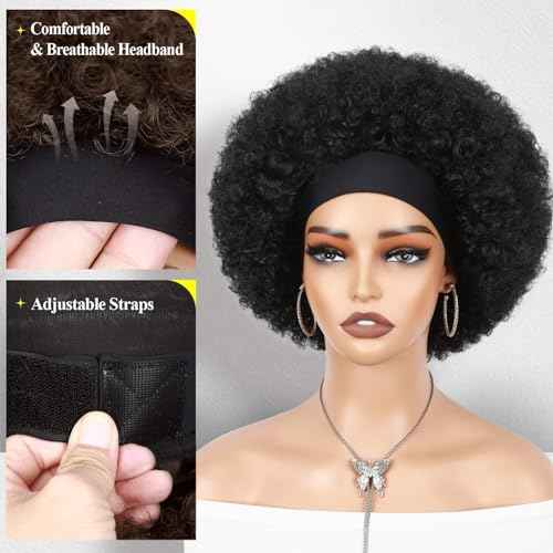 Quick Wig Afro Headband Wig Natural Black Short Afro Kinky Curly Wigs with Headbands Attached Glueless Synthetic Wear and Go for Black Women Fluffy Bouncy Afro Wigs for Daily Party
