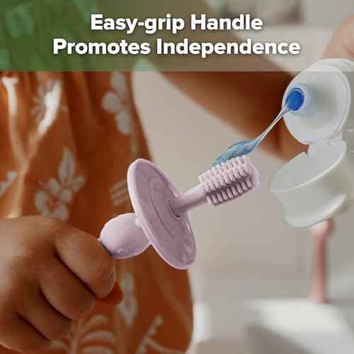 haakaa 360¡Æ Baby Toothbrush with Suction Base - Gentle Cleaning for Infant Self-Brushing Training, Sorft Food-Grade Silicone, Baby Teething Relief - Lavender, 1 Count