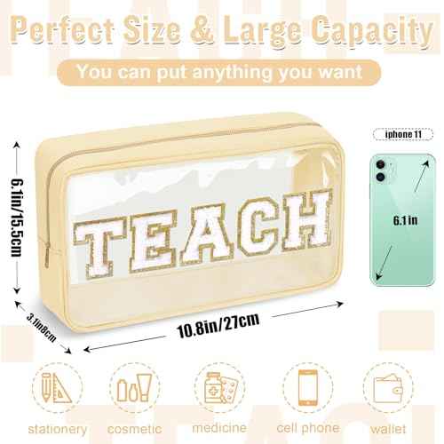 Teacher Appreciation Gifts Chenille Letter Clear Makeup Bag TEACH Pouch, Preppy Patch Makeup Bag with Zipper Graduation Retirement Birthday Cosmetic Bag Teacher Gifts Supplies for Women(TEACH-Beige)
