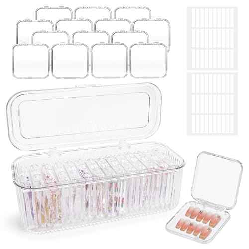 Press On Nail Organizer 14 PCS Clear Press On Nail Storage Boxes and 1 Big Storage box with 60 Pcs Adhesive Double Sided Tape,Press On Nail Packaging for Fake Nail Storage Nail Display Nail Salon.