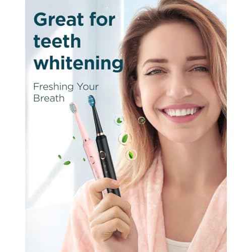 Rtauys 2 Pack Electric Toothbrush for Adults - 2 Rechargeable Electric Toothbrushes with 12 Brush Heads & 2 Travel Case, Power Electric Toothbrush with Holder, 3 Hrs Charge for 120 Days - Black+Pink