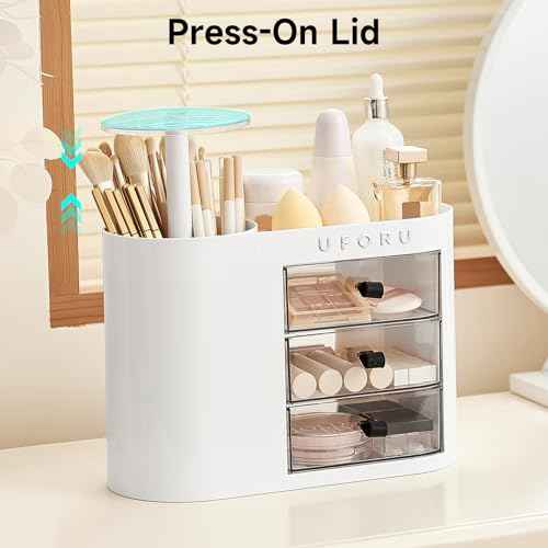 Makeup Organizer with Pop-Up Brush Holder for Dresser Vanity, Plastic Bathroom Counter Organizer with 3 Drawers & Dust-Proof Cover, Cosmetic Display Case for Lipstick, Skincare, White