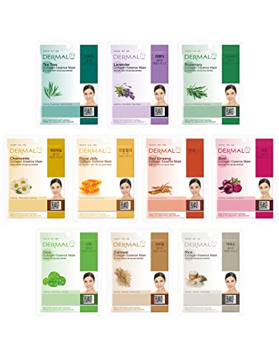 DERMAL Acne Care Collagen Essence Masks Assorted Sheet Mask Mega 10 Pack - The Ultimate Supreme Collection for Every Skin Condition Day to Day Skin Concerns. Nature-made Freshly Korean Face Mask