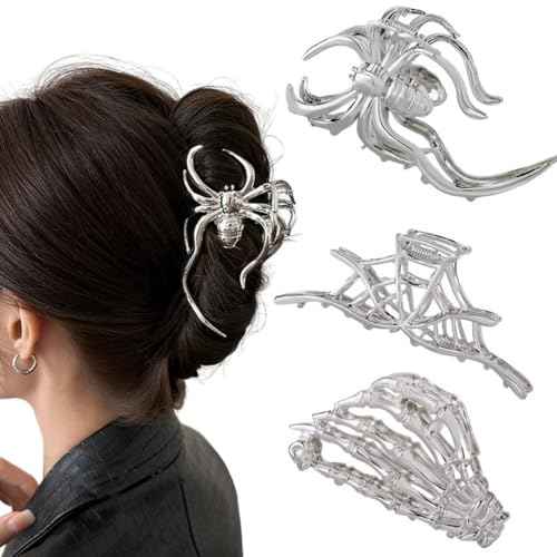 Hair Claw Clips for Women Girls, 3PCS Skeleton Hand Spider Web and Large Spider Punk Metal Alloy Hair Accessories Decorations for Thick Hair Styling Tools Gift(Silver Color)